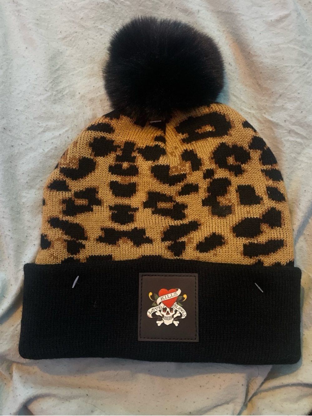 Leopard Print Pom Beanie Hat with Ed Hardy Patch - Black & Tan & Scarf